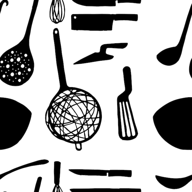 Zwarte silhouet naadloze patroon van eenvoudige platte keukengerei metalen iconen vector illustratie op witte background