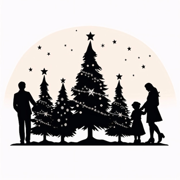 Vector zwarte silhouet tatoeage van kerstbomen mensen op witte geïsoleerde achtergrond vector