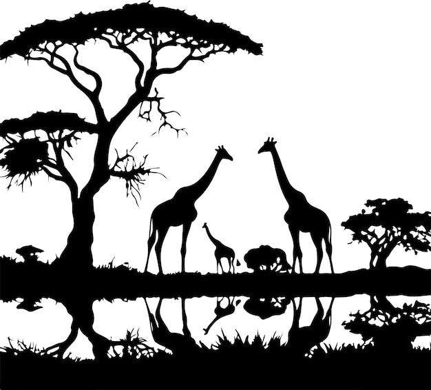 Zwarte silhouet van struisvogel giraffe en bomen natuur vector zwarte kleur silhouet 9