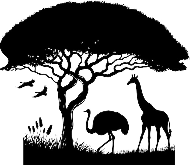 Zwarte silhouet van struisvogel giraffe en bomen vector zwarte kleur silhouet 1