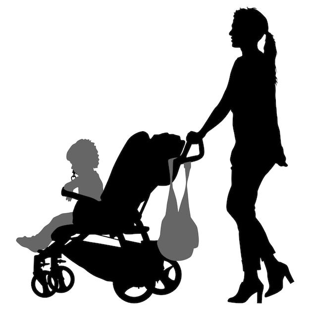 Zwarte silhouetten gezin met kinderwagen op witte achtergrond vector illustratie