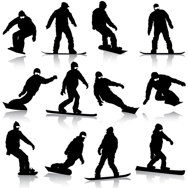 Zwarte silhouetten instellen snowboarders op witte achtergrond Vector illustratie