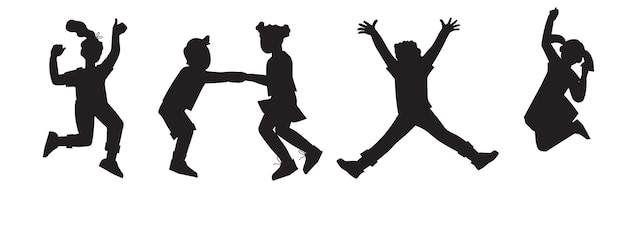 Zwarte silhouetten set springen kinderen jongens en meisjes vector geïsoleerd