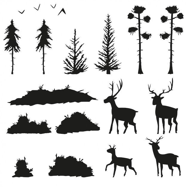 Vector zwarte silhouetten van dennen, sparren, struiken, gras, herten en vogels. plat pictogrammen van bos bomen en dieren geïsoleerd op een witte achtergrond instellen.