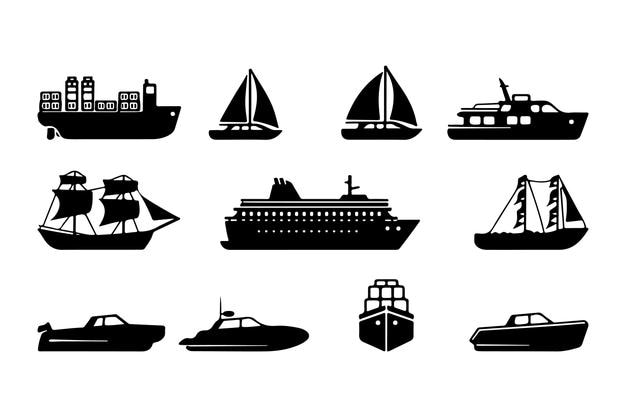 Zwarte silhouetten van maritieme schepen Vector iconen van zeilboten en oceaanvervoer in plat ontwerp