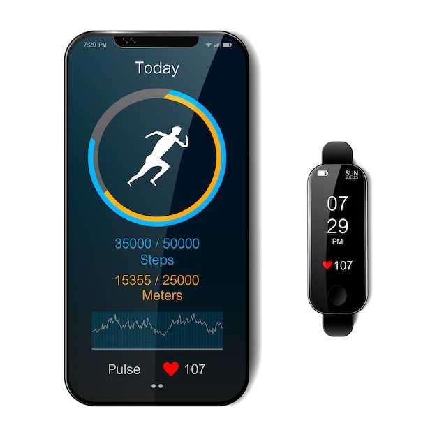 Vector zwarte slimme horloge en smartphone. mobiele fitness app met running tracker en hartslagmeter, gezonde levensstijl concept, realistische vectorillustratie