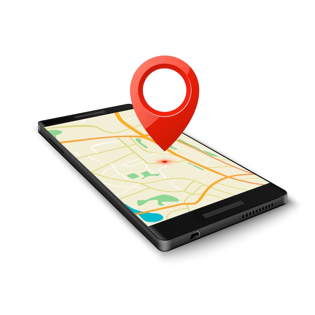 Zwarte smartphone met kaartgps-navigatietoepassing met speldpunt naar huidige locatie die op wit wordt geïsoleerd. Vector illustratie