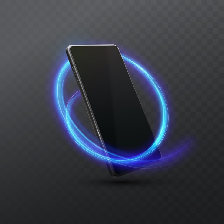 Zwarte smartphone met neonlichtspoor dat op donkere transparante achtergrond wordt geïsoleerd