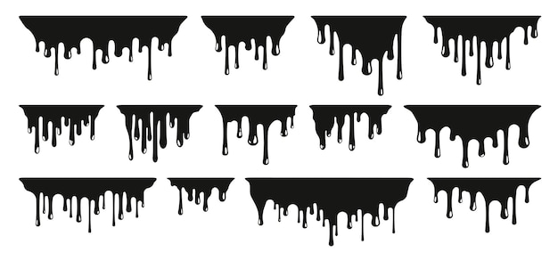 Vector zwarte smeltende verf druipende splatter en dribbel penseelstreken met vlek en lekken vuile vloeistof penseel iconen vector geïsoleerde set verschillende randen met vloeiende inkt kleverige vloeibare ontwerp