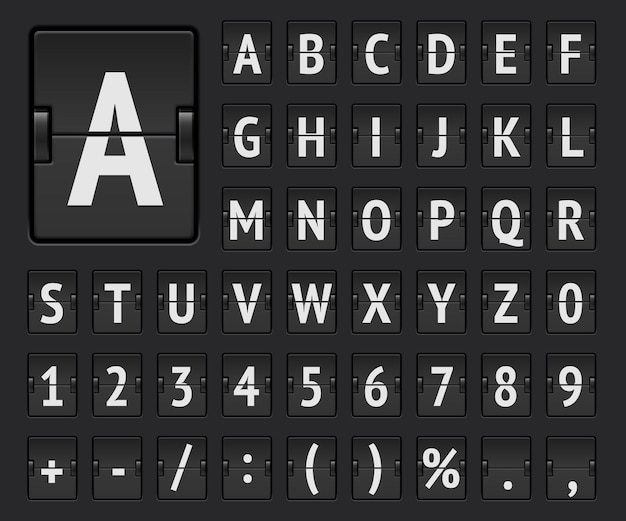 Zwarte terminal mechanisch scorebord lettertype met nummers om bestemming en tijdschema vectorillustratie weer te geven. Het vetgedrukte alfabet van het flip-bord op de luchthaven voor het weergeven van informatie over het vertrek of de aankomst van vluchten.