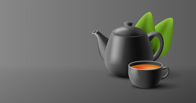 Vector zwarte theepot en kopje thee met theeblaadjes op een donkere achtergrond banner voor groene reclame