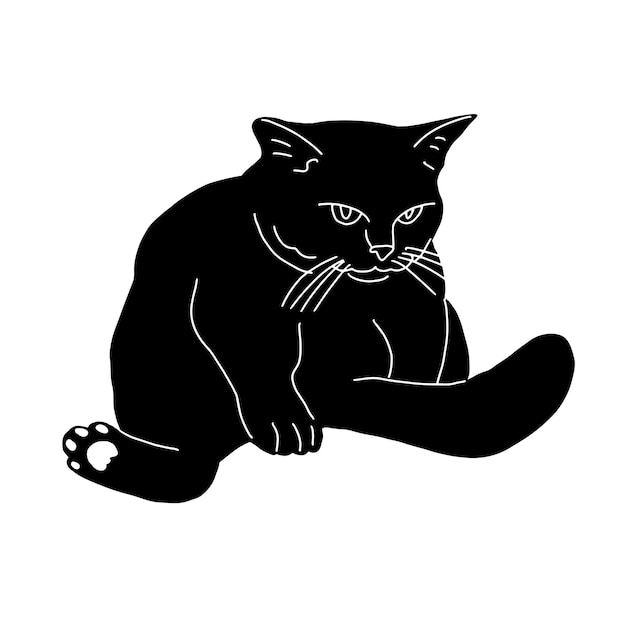 Zwarte trieste zittende kat silhouet geïsoleerd op een witte achtergrond cute kitty print ontwerp voor tshirts stickers souvenirs humoristische dieren vlakke stijl in vectorillustratie