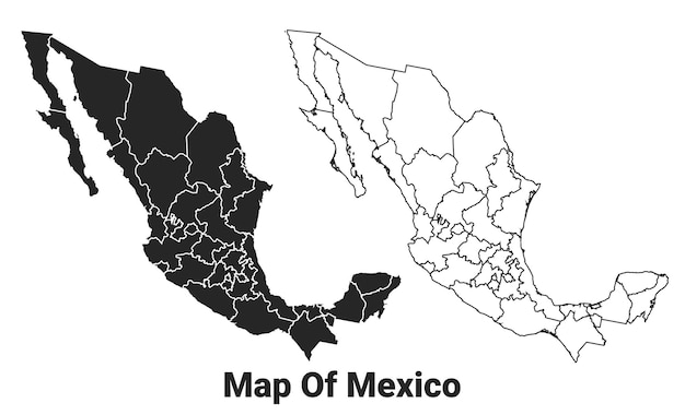Vector zwarte vectorkaart van mexico met grenzen van regio's.