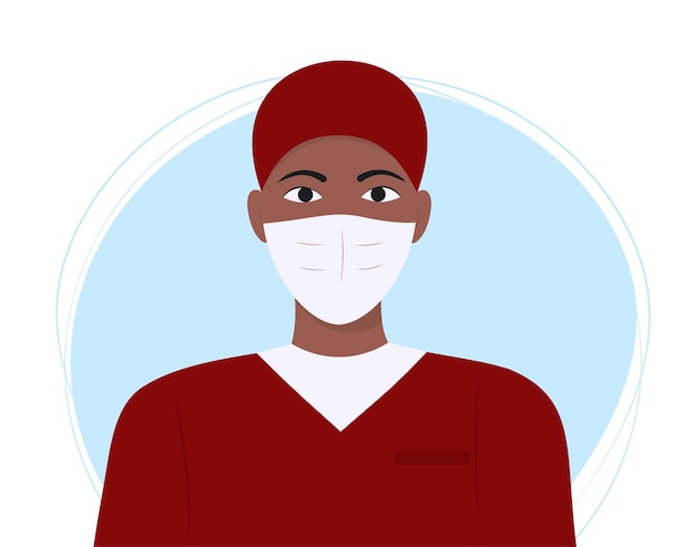 Zwarte verpleger in een rood uniform Internationale Dag van de Verpleging Medisch werker met een masker en handschoenen
