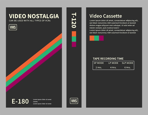 zwarte vhs cassette label omslagsjabloon volledige drie zijden met retro kleuren