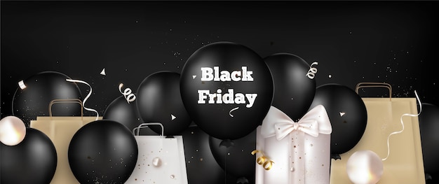 Zwarte vrijdag horizontale dekking met zwarte ballonnen, geschenken, vakantie decoratie banner