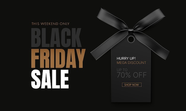 Zwarte vrijdag verkoop banner korting achtergrond met zwart label en zwart lint met strik vector