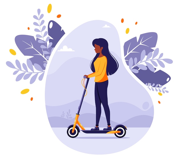 Zwarte vrouw elektrische kick scooter rijden. Modern Eco-transport. Stedelijk voertuig. illustratie in vlakke stijl.