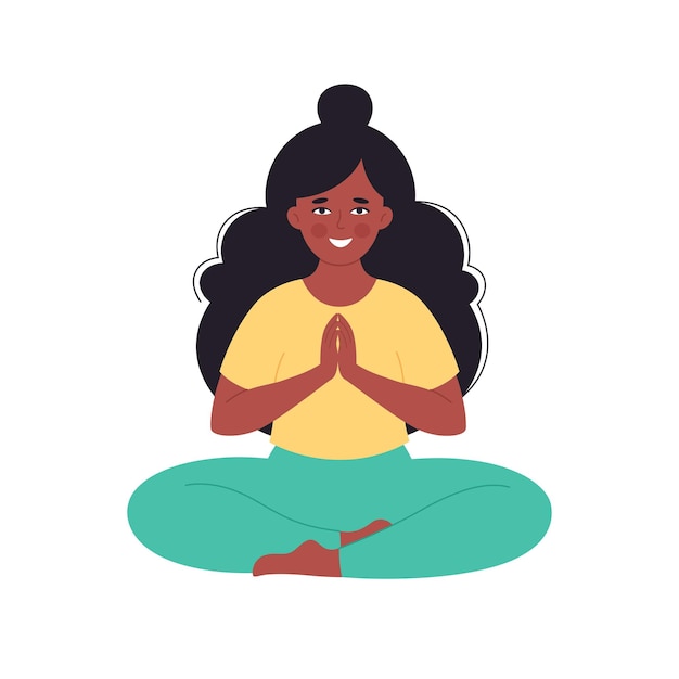 Zwarte vrouw mediteren in lotushouding Gezonde levensstijl yoga ontspannen ademhalingsoefening