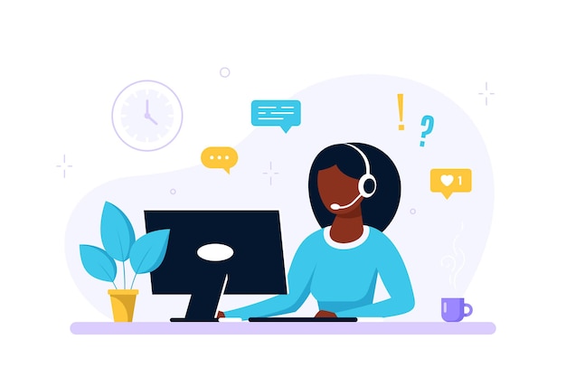 Zwarte vrouw met met laptop en koptelefoon met microfoon. Technische ondersteuning, assistentie, callcenter en klantenserviceconcept. Vlakke stijl vectorillustratie