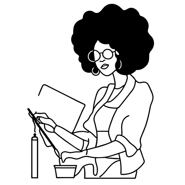 Zwarte vrouw schilderij met de hand getekend vlak stijlvol cartoon sticker icoon concept geïsoleerde illustratie