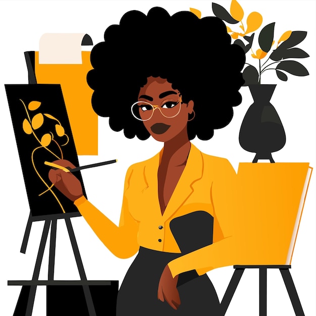 Zwarte vrouw schilderij met de hand getekend vlak stijlvol cartoon sticker icoon concept geïsoleerde illustratie