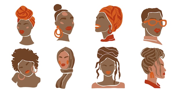 Zwarte vrouwen esthetische portret set Hand getrokken vectorillustratie in abstracte minimalistische stijl