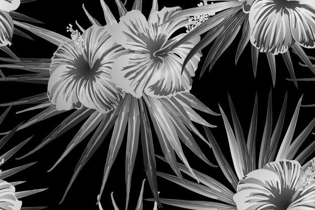 Vector zwarte witte exotische patroon. monstera bladeren en hibiscus bloemen in de zomer afdruk. verzadigde grote bloemen zwembroek afdruk. horizontale romantische wilde vector exotische tegels. bonny lente botanisch ontwerp.