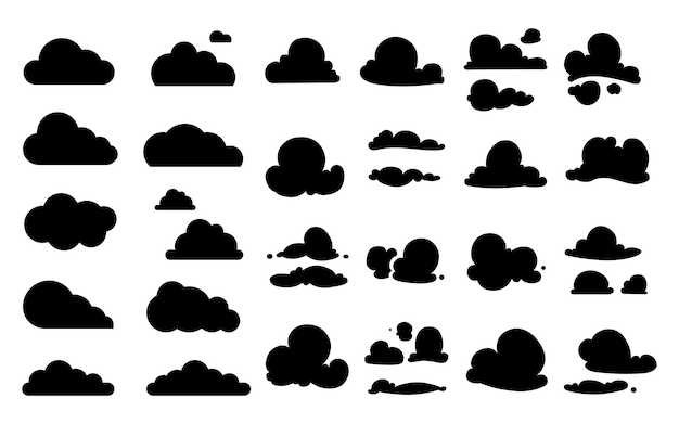 Zwarte wolken cloud iconen collectie geïsoleerde platte hemel elementen weer natuur symbolen bewolkt vector set