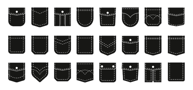 Zwarte zakken Stof en denim doek zak uitsparing voor het naaien van textiel patch silhouet modeontwerp Eenvoudige vector broek element collectie