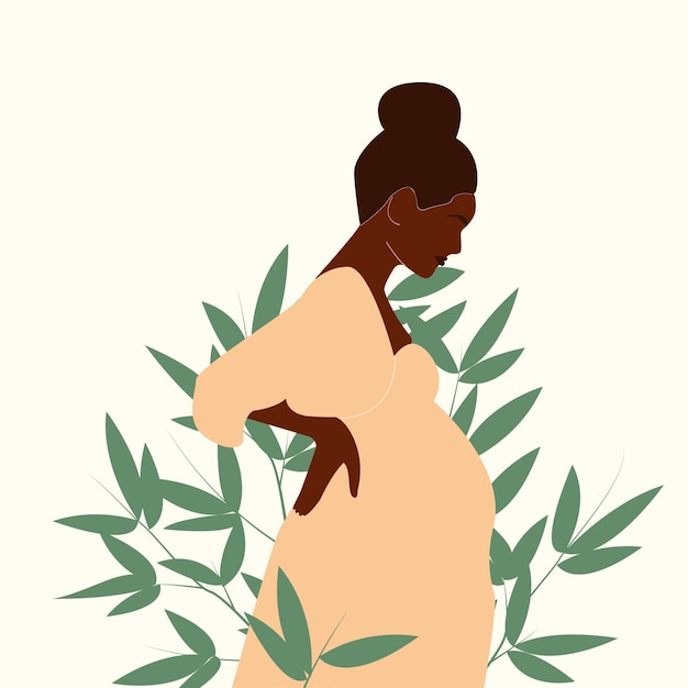 Zwarte zwangere vrouw met natuur en bladeren achtergrond Concept vectorillustratie in minimalistische stijl