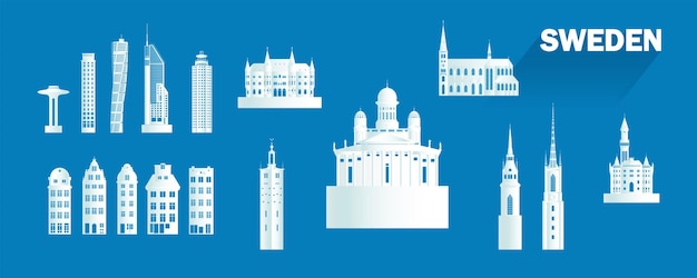 Vector zweden geïsoleerde architectuur icon set en symbool met tour europa