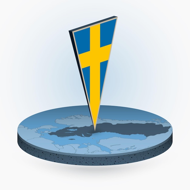 Vector zweden kaart in ronde isometrische stijl met driehoekige 3d vlag van zweden