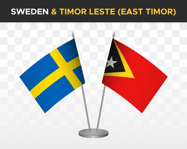 Zweden vs oost-timor bureau vlaggen mockup geïsoleerde 3d vector illustratie zweedse tafel vlaggen