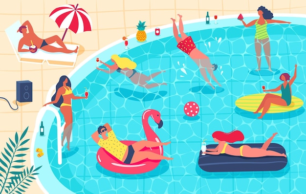 Zwembadfeest Mannen en vrouwen in badpak zonnebaden cocktails drinken ontspannen Zomerfeest