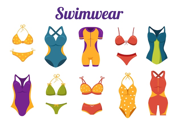 Zwemkleding met verschillende ontwerpen van bikini's en badpakken voor vrouwen op het zomerstrand illustratie