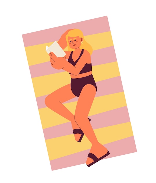 Zwemkleding vrouw liggend met boek op het strand semi plat kleurrijke vector personage Lesen am strand Zomer lezen Bewerkbaar full body persoon op wit Eenvoudige cartoon spot illustratie voor web grafisch ontwerp