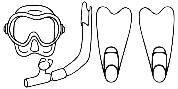 Zwemmasker, snorkel en vinnen om te duiken in doodle-stijl