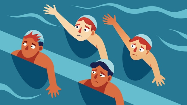 Vector zwemmers die zich aan de zijkanten van het zwembad vastklampen, hebben angst op hun gezichten gegraveerd terwijl ze proberen te blijven drijven