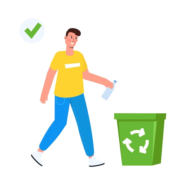 Zwerfgedrag, correcte voorbeelden van afval weggooien. Vector illustratie.