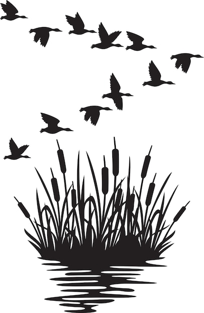 Vector zwerm vliegende wilde eenden en rietjes silhouet bulrush migrerende vogels