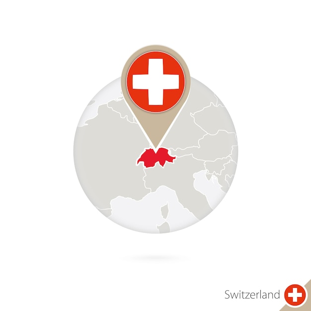 Zwitserland kaart en vlag in cirkel. Kaart van Zwitserland, Zwitserland vlag pin. Kaart van Zwitserland in de stijl van de wereld. Vectorillustratie.