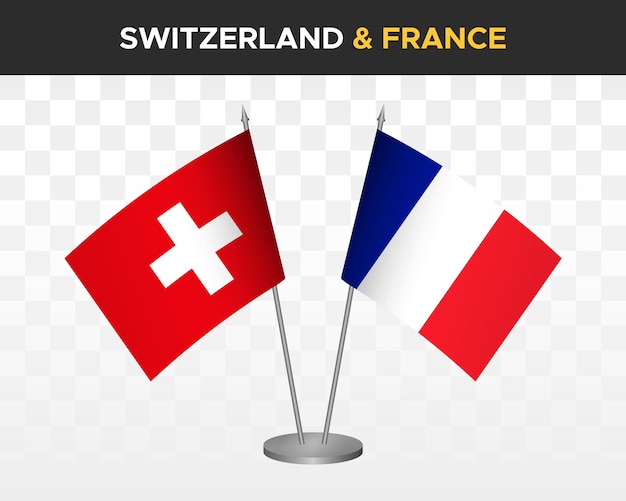 Zwitserland vs Frankrijk Bureau vlaggen mockup geïsoleerde 3d vector illustratie Zwitserse tafel vlag