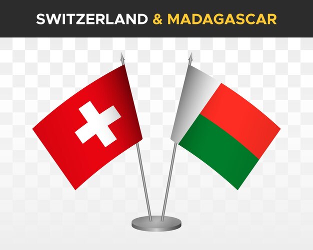 Zwitserland vs Madagaskar Bureau vlaggen mockup geïsoleerde 3d vector illustratie Zwitserse tafel vlag