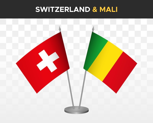 Zwitserland vs mali bureau vlaggen mockup geïsoleerde 3d vector illustratie Zwitserse tafel flag