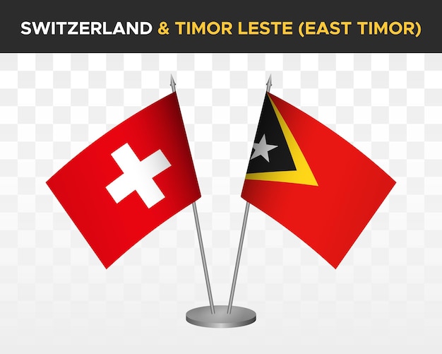 Zwitserland vs Oost-Timor bureau vlaggen mockup geïsoleerde 3d vector illustratie Zwitserse tafel vlag