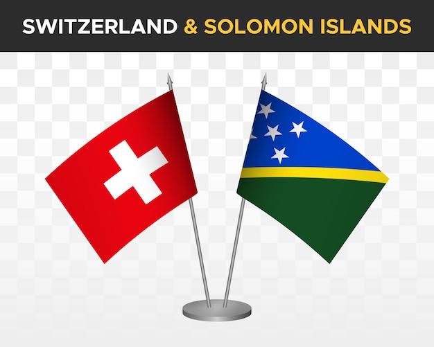 Zwitserland vs Salomonseilanden Bureau vlaggen mockup geïsoleerde 3D-vector illustratie Zwitserse tafel flag