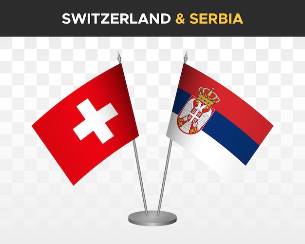 Zwitserland vs Servië Bureau vlaggen mockup geïsoleerde 3d vector illustratie Zwitserse tafel flag