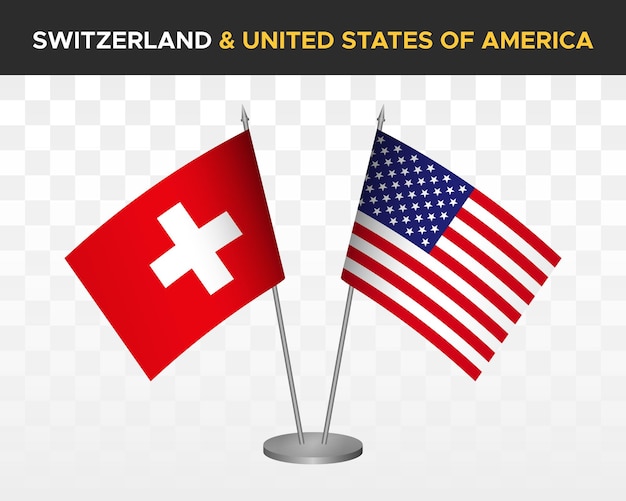 Zwitserland vs Verenigde Staten Verenigde Staten Amerika Bureau vlaggen mockup 3d vector illustratie Zwitserse tafel vlag