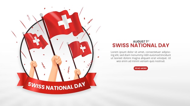 Zwitserse Nationale Dag achtergrond met handen en zwaaiende vlaggen en confetti